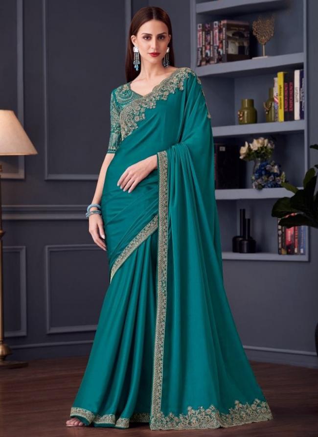 Chiffon Firozi Party Wear Embroidery Work Saree